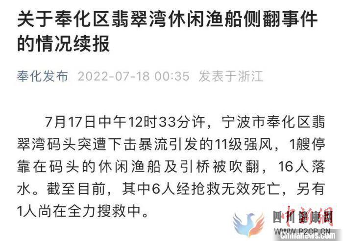 浙江奉化一休閑漁船被強風吹翻6人死亡1人尚在搜救(圖1)